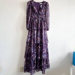 Ieena for Mac Duggal Purple Floral Long Sleeve Tiered Gown Size 0